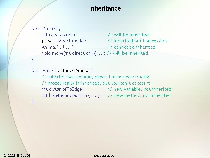 inheritance class Animal { int row, column; private Model model; Animal( ) {. .