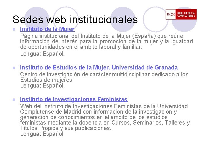 Sedes web institucionales l Instituto de la Mujer Página institucional del Instituto de la