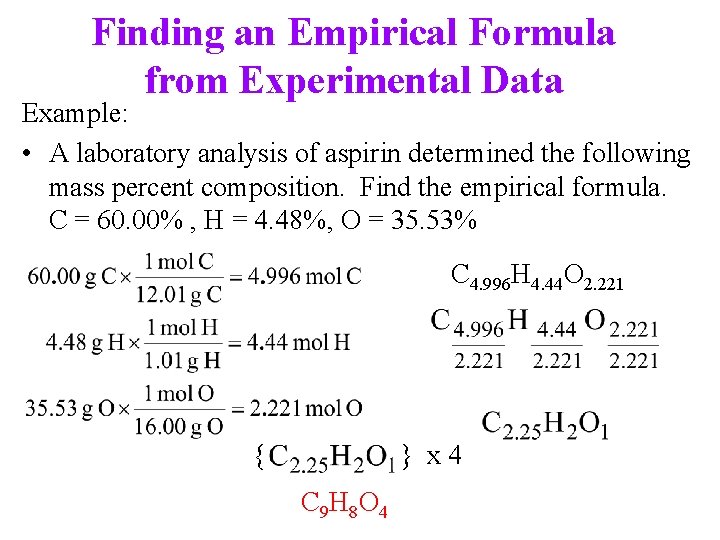 Finding an Empirical Formula from Experimental Data Example: • A laboratory analysis of aspirin Finding an Empirical Formula from Experimental Data Example: • A laboratory analysis of aspirin