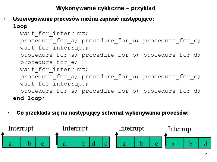 Wykonywanie cykliczne – przykład • Uszeregowanie procesów można zapisać następująco: loop wait_for_interrupt; procedure_for_a; procedure_for_b;