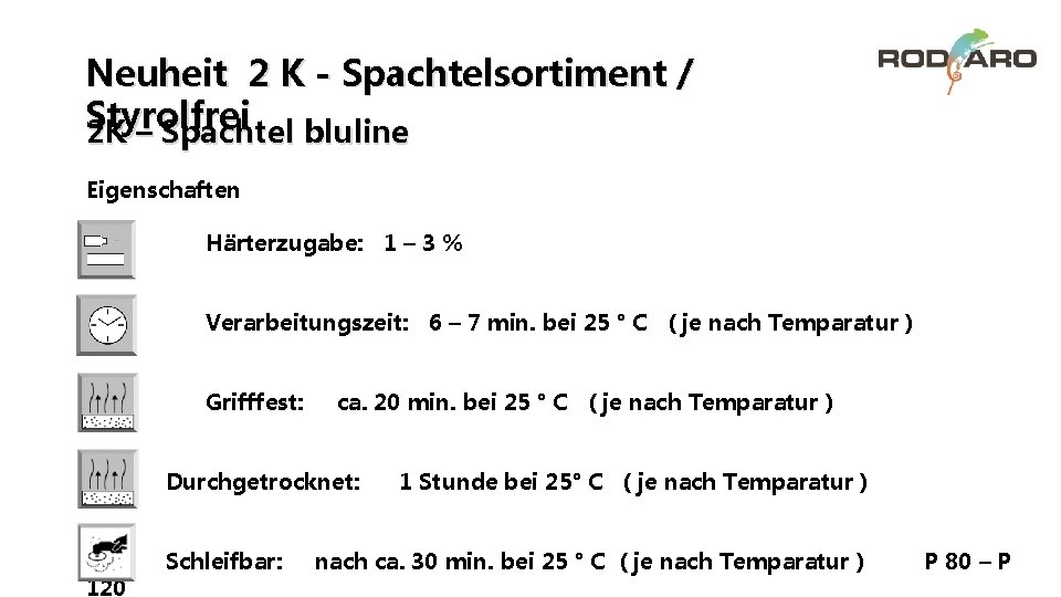 Neuheit 2 K - Spachtelsortiment / Styrolfrei 2 K – Spachtel bluline Eigenschaften Härterzugabe: