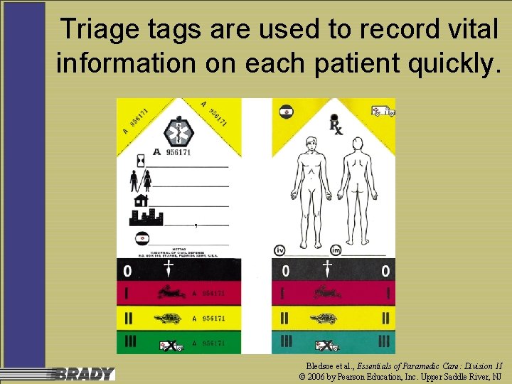 Triage tags are used to record vital information on each patient quickly. Bledsoe et