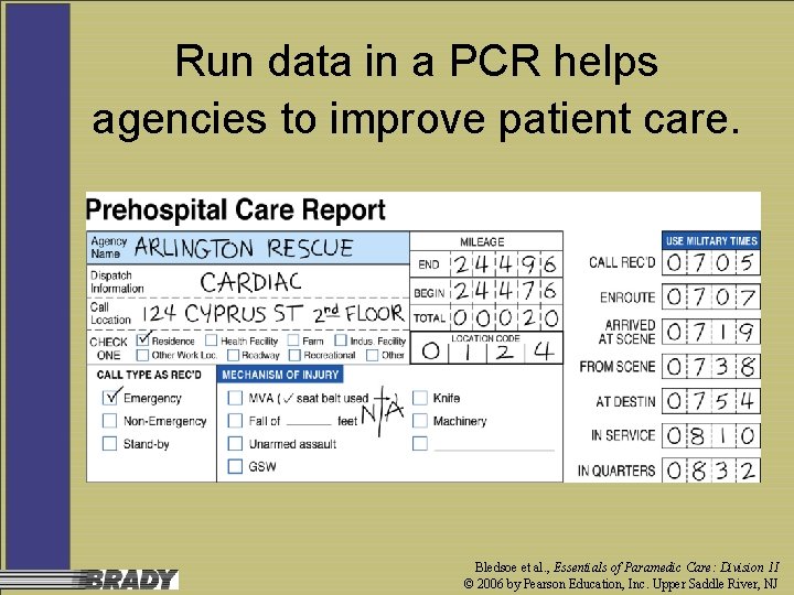 Run data in a PCR helps agencies to improve patient care. Bledsoe et al.