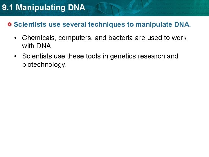 9. 1 Manipulating DNA Scientists use several techniques to manipulate DNA. • Chemicals, computers,