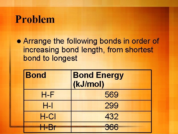 Problem l Arrange the following bonds in order of increasing bond length, from shortest