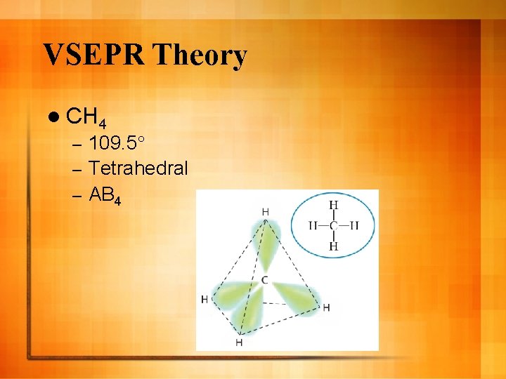 VSEPR Theory l CH 4 109. 5° – Tetrahedral – AB 4 – 