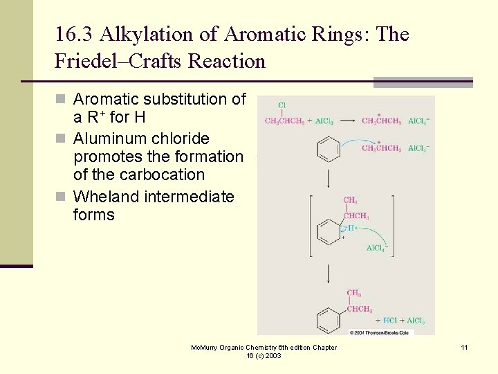 16. 3 Alkylation of Aromatic Rings: The Friedel–Crafts Reaction n Aromatic substitution of a