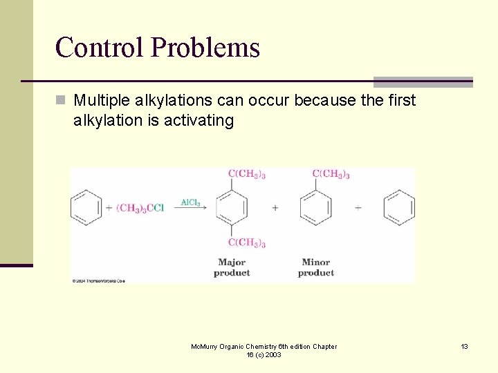 Control Problems n Multiple alkylations can occur because the first alkylation is activating Mc.