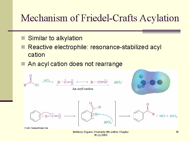 Mechanism of Friedel-Crafts Acylation n Similar to alkylation n Reactive electrophile: resonance-stabilized acyl cation
