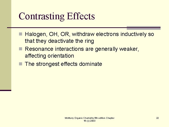 Contrasting Effects n Halogen, OH, OR, withdraw electrons inductively so that they deactivate the