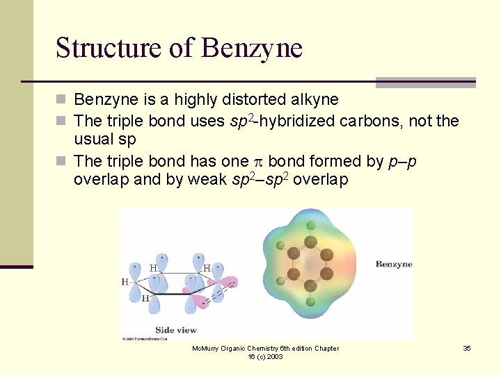 Structure of Benzyne n Benzyne is a highly distorted alkyne n The triple bond