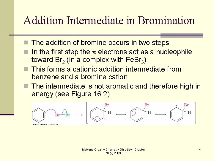 Addition Intermediate in Bromination n The addition of bromine occurs in two steps n