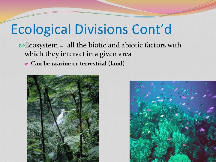 Ecological Divisions Cont’d Ecosystem = all the biotic and abiotic factors with which they