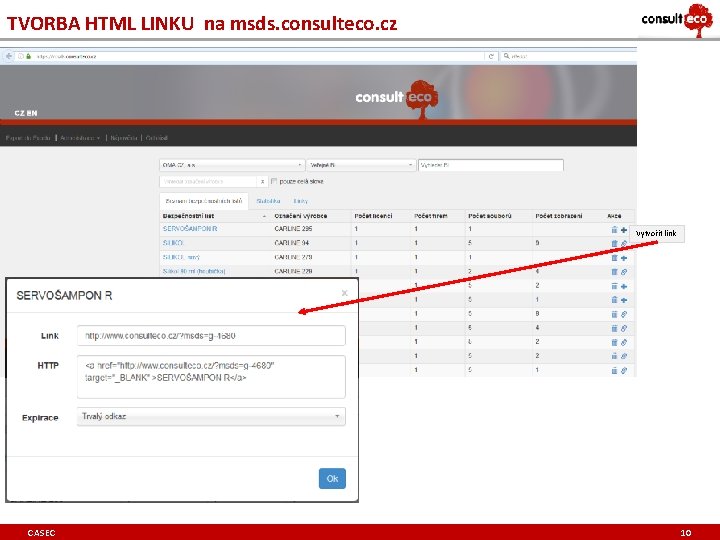 TVORBA HTML LINKU na msds. consulteco. cz Vytvořit link CASEC 10 