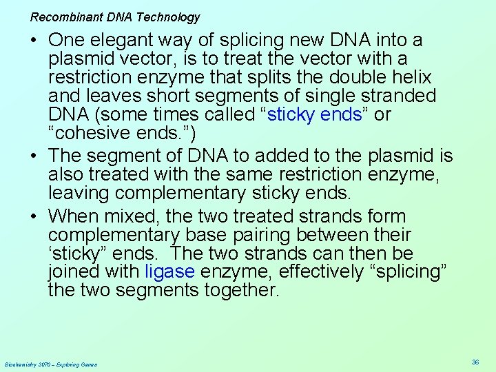 Recombinant DNA Technology • One elegant way of splicing new DNA into a plasmid