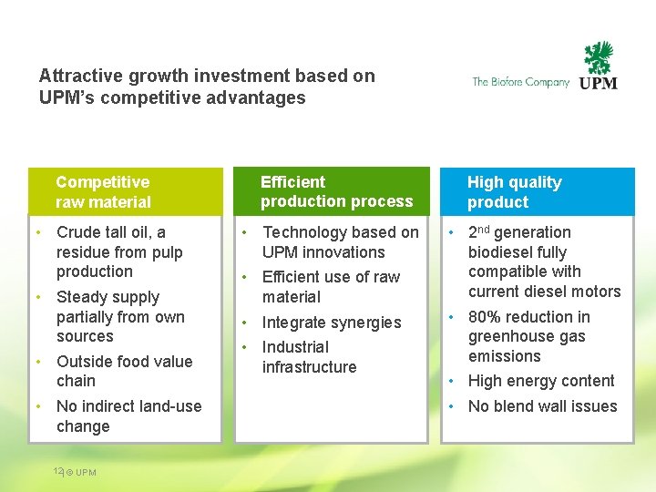 Attractive growth investment based on UPM’s competitive advantages Competitive raw material • Crude tall