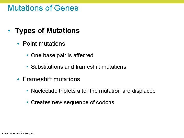 Mutations of Genes • Types of Mutations • Point mutations • One base pair Mutations of Genes • Types of Mutations • Point mutations • One base pair