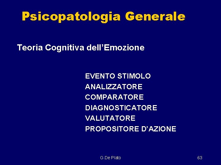 Psicopatologia Generale Teoria Cognitiva dell’Emozione EVENTO STIMOLO ANALIZZATORE COMPARATORE DIAGNOSTICATORE VALUTATORE PROPOSITORE D’AZIONE G.