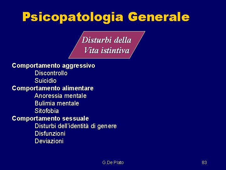 Psicopatologia Generale Disturbi della Vita istintiva Comportamento aggressivo Discontrollo Suicidio Comportamento alimentare Anoressia mentale