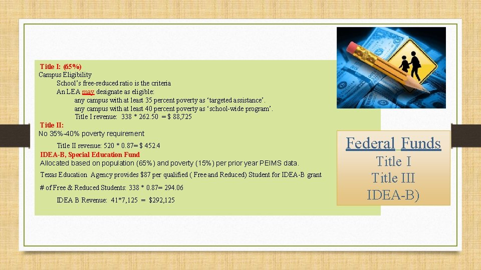 Title I: (65%) Campus Eligibility School’s free-reduced ratio is the criteria An LEA may