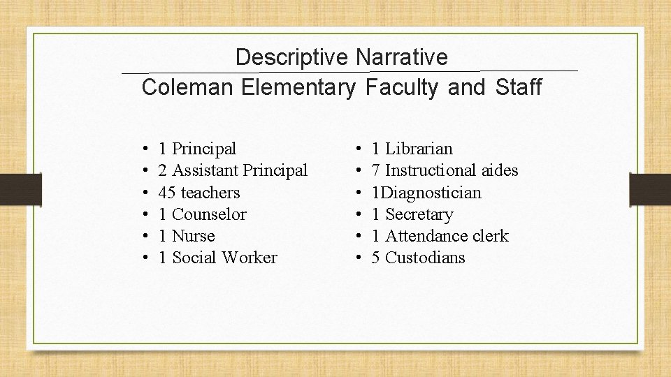Descriptive Narrative Coleman Elementary Faculty and Staff • • • 1 Principal 2 Assistant