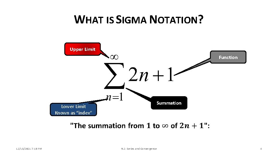 WHAT IS SIGMA NOTATION? Upper Limit Function Lower Limit Known as “index” 12/15/2021 7:
