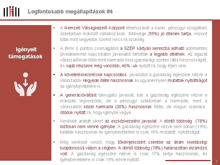 Legfontosabb megállapítások #4 Igényelt támogatások § A Nemzeti Válságkezelő Központ létrehozását a banki, pénzügyi