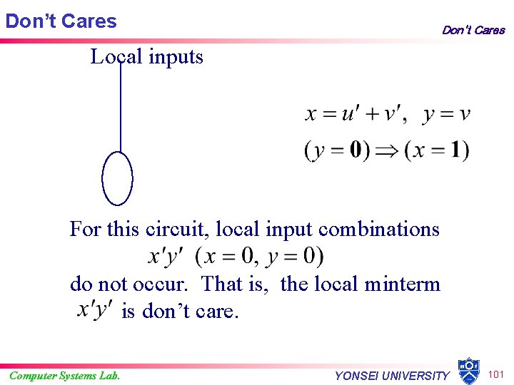 Don’t Cares Don't Cares Local inputs For this circuit, local input combinations do not