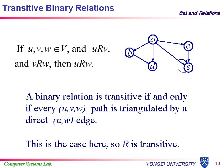 Transitive Binary Relations Set and Relations a b d c e A binary relation