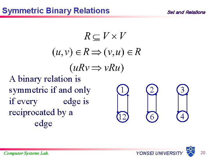 Symmetric Binary Relations A binary relation is symmetric if and only if every edge