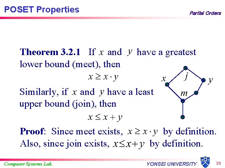 POSET Properties Theorem 3. 2. 1 If and lower bound (meet), then Partial Orders