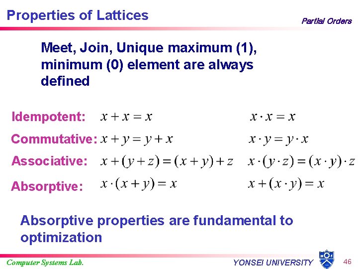Properties of Lattices Partial Orders Meet, Join, Unique maximum (1), minimum (0) element are