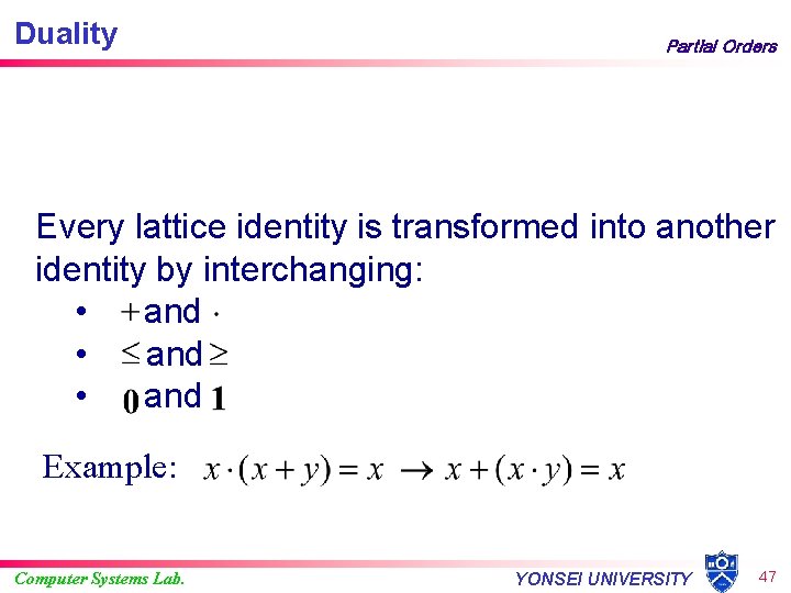 Duality Partial Orders Every lattice identity is transformed into another identity by interchanging: •