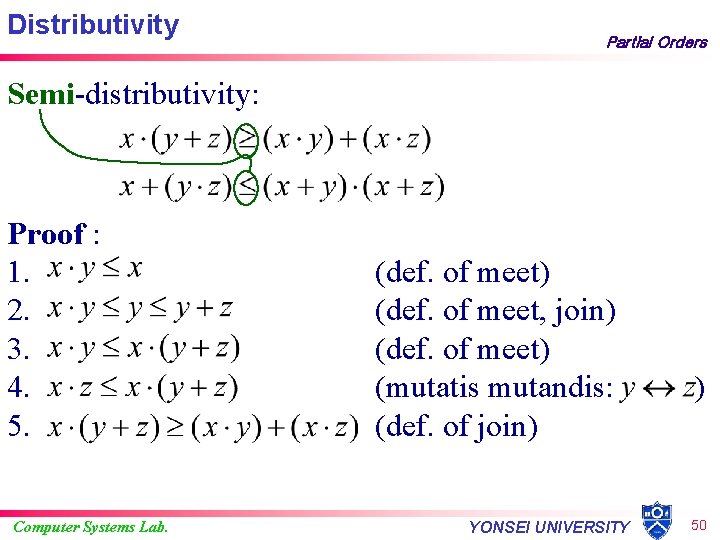 Distributivity Partial Orders Semi-distributivity: Proof : 1. 2. 3. 4. 5. Computer Systems Lab.