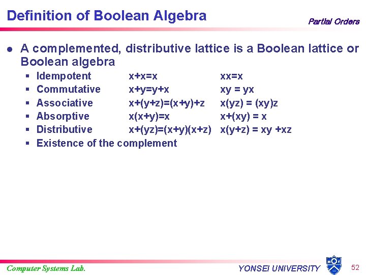Definition of Boolean Algebra l Partial Orders A complemented, distributive lattice is a Boolean