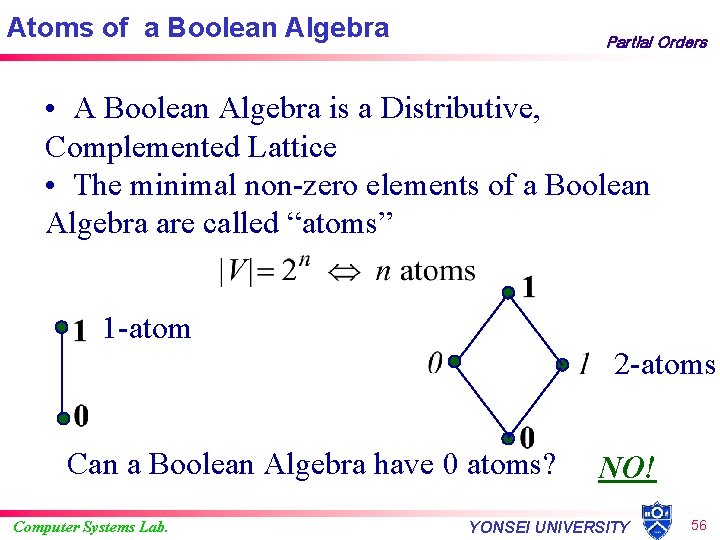 Atoms of a Boolean Algebra Partial Orders • A Boolean Algebra is a Distributive,