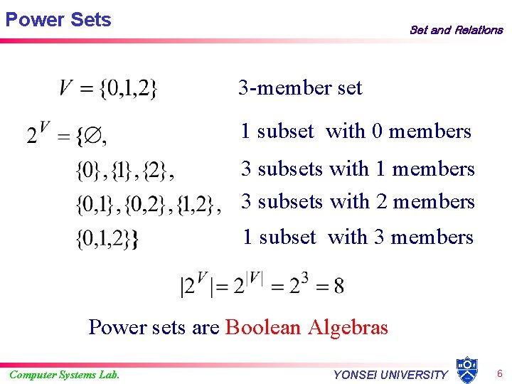 Power Sets Set and Relations 3 -member set 1 subset with 0 members 3