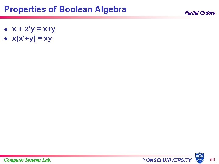 Properties of Boolean Algebra l l Partial Orders x + x’y = x+y x(x’+y)
