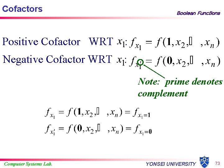 Cofactors Boolean Functions Positive Cofactor WRT : Negative Cofactor WRT : Note: prime denotes