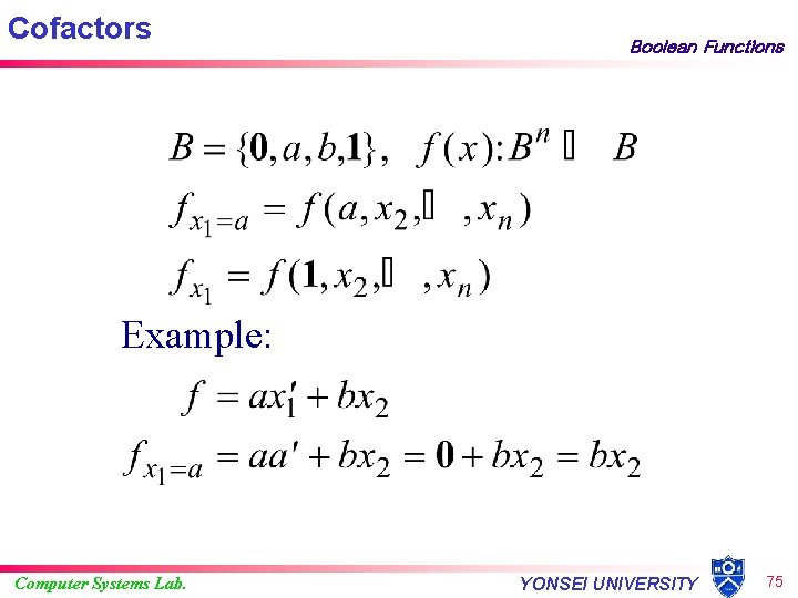 Cofactors Boolean Functions Example: Computer Systems Lab. YONSEI UNIVERSITY 75 