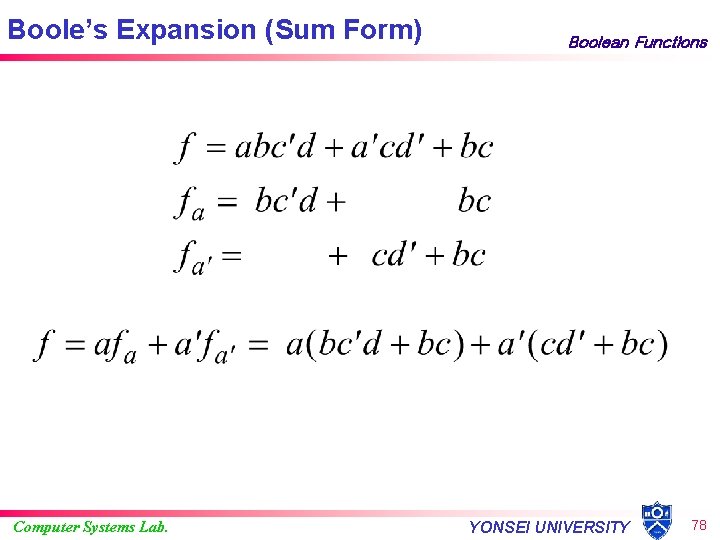 Boole’s Expansion (Sum Form) Computer Systems Lab. Boolean Functions YONSEI UNIVERSITY 78 
