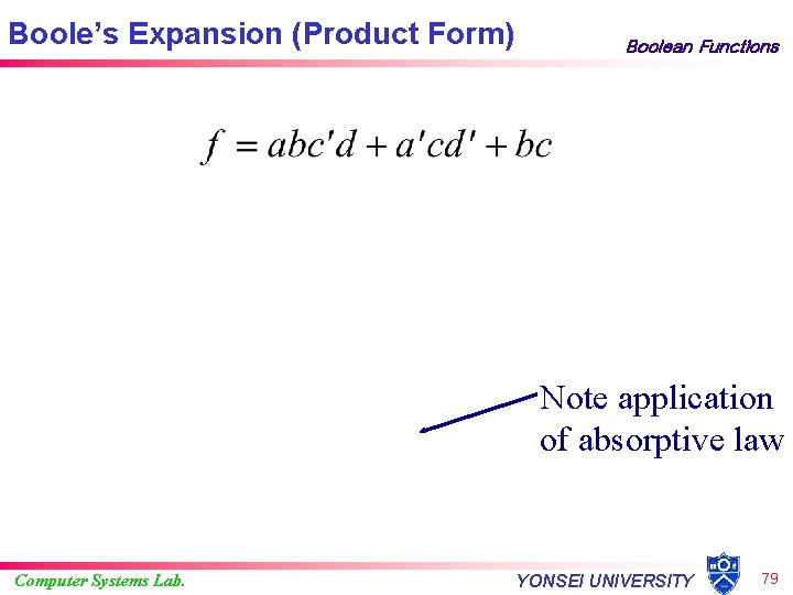 Boole’s Expansion (Product Form) Boolean Functions Note application of absorptive law Computer Systems Lab.