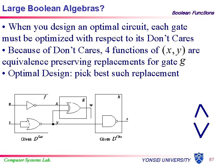 Large Boolean Algebras? Boolean Functions • When you design an optimal circuit, each gate