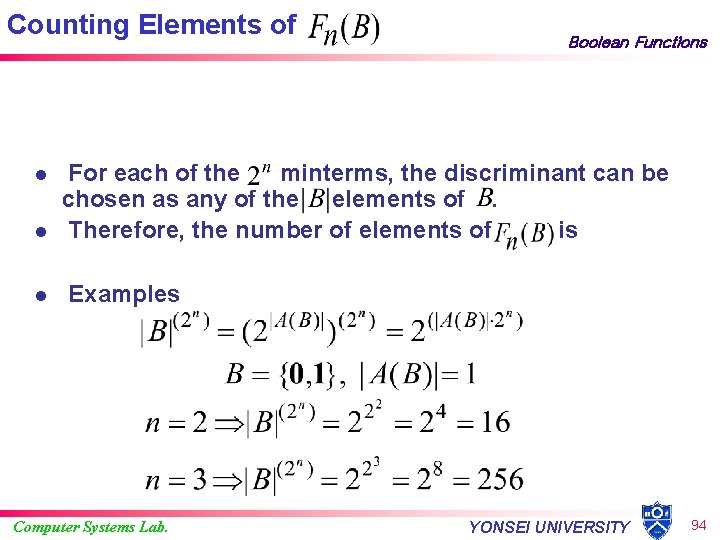 Counting Elements of l l l Boolean Functions For each of the minterms, the