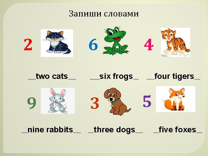 Запиши словами 2 6 ____two cats____ 9 ___nine _____six 4 frogs___ 3 rabbits____ ___three