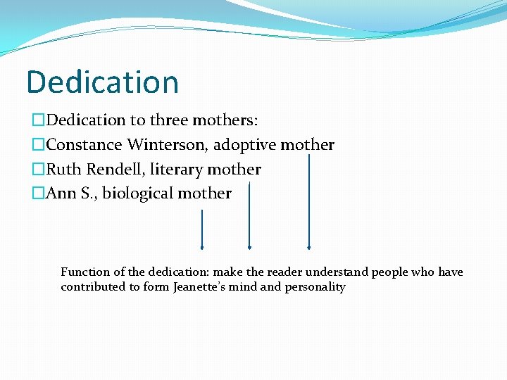 Dedication �Dedication to three mothers: �Constance Winterson, adoptive mother �Ruth Rendell, literary mother �Ann