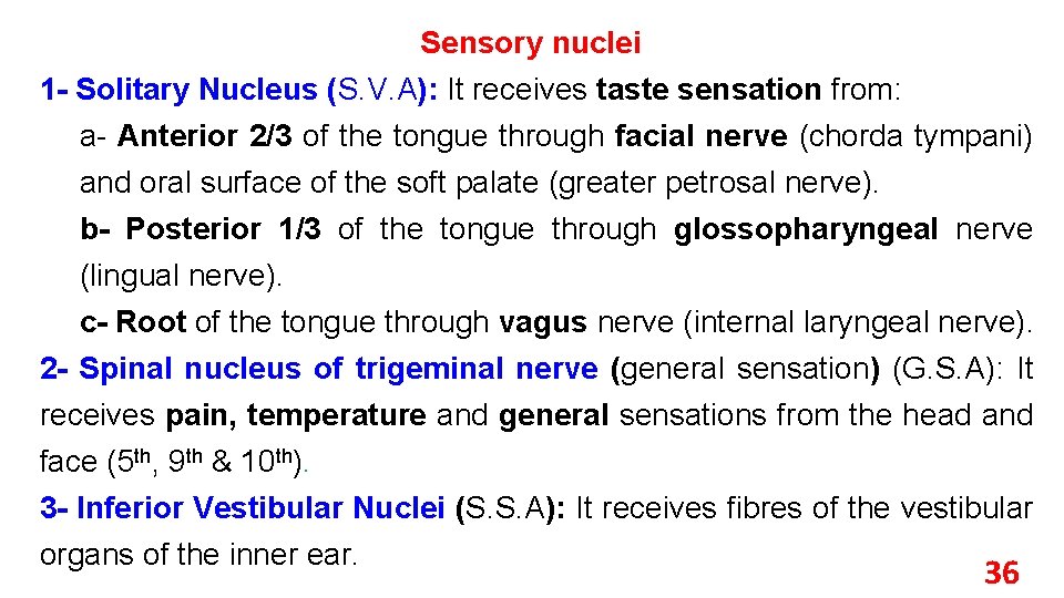 Sensory nuclei 1 - Solitary Nucleus (S. V. A): It receives taste sensation from: