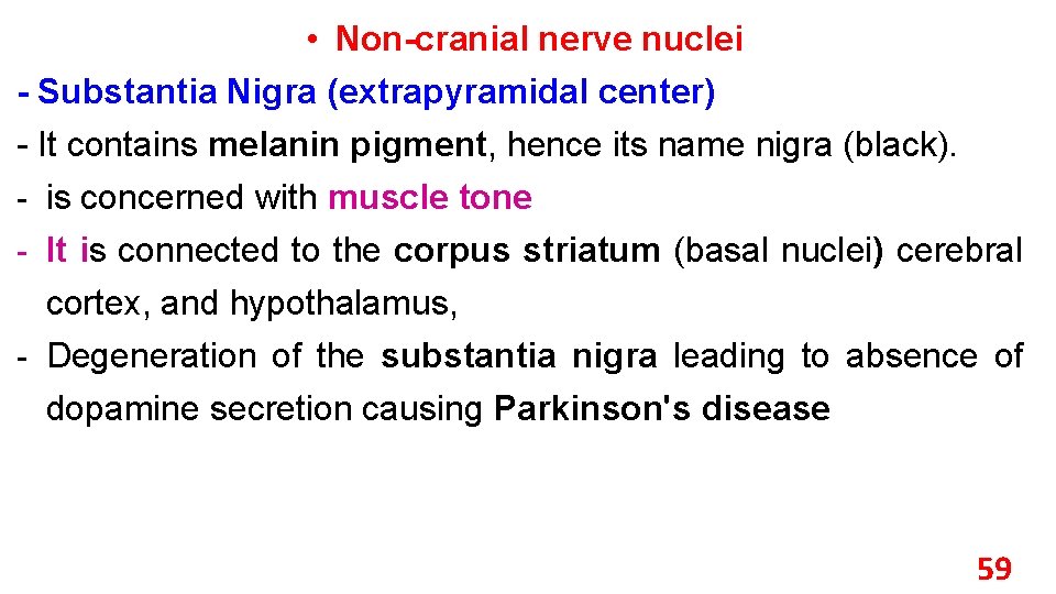  • Non-cranial nerve nuclei - Substantia Nigra (extrapyramidal center) - It contains melanin