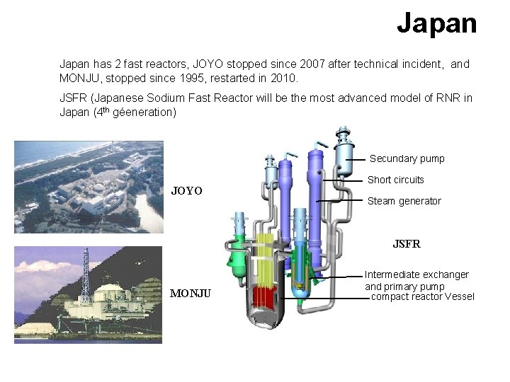 Japan has 2 fast reactors, JOYO stopped since 2007 after technical incident, and MONJU,
