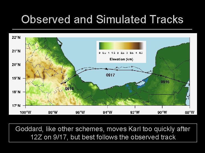 Observed and Simulated Tracks Goddard, like other schemes, moves Karl too quickly after 12